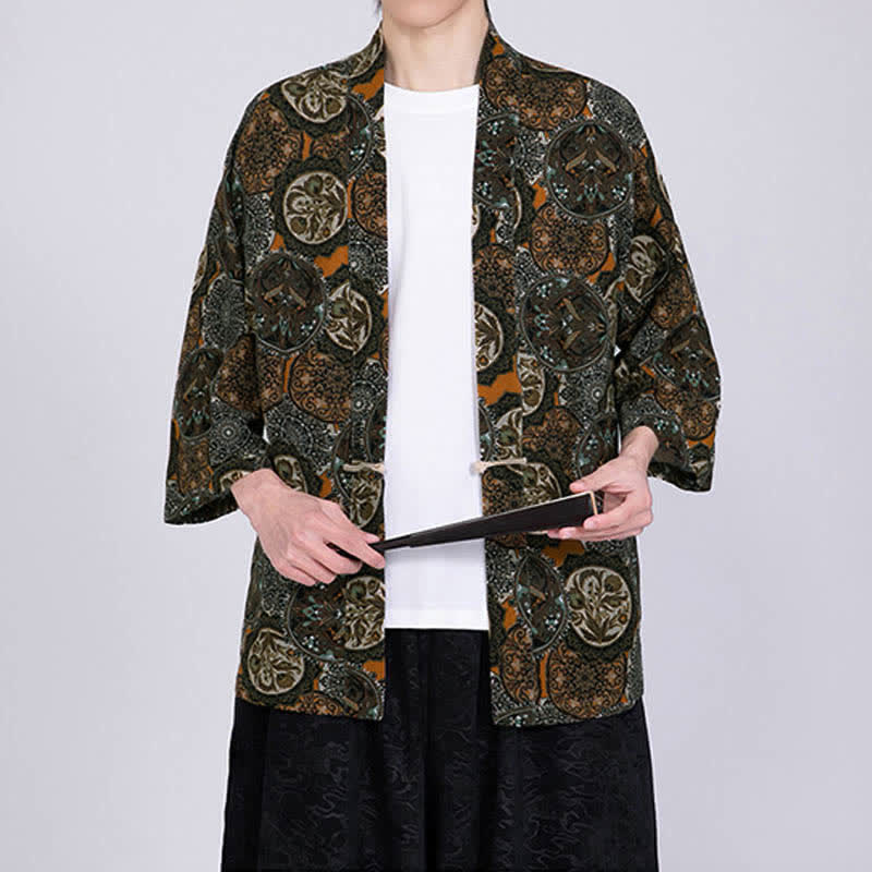 Buddha Stones Kimono da uomo a maniche corte in misto lino con stampa di foglie tropicali estive - Image 16
