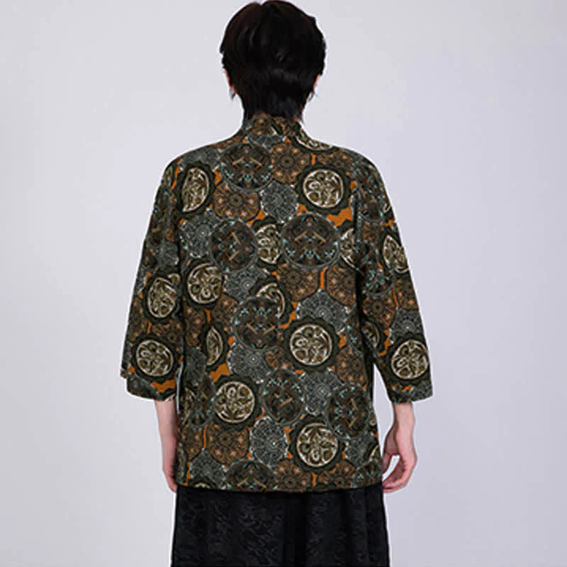 Buddha Stones Kimono da uomo a maniche corte in misto lino con stampa di foglie tropicali estive - Image 18
