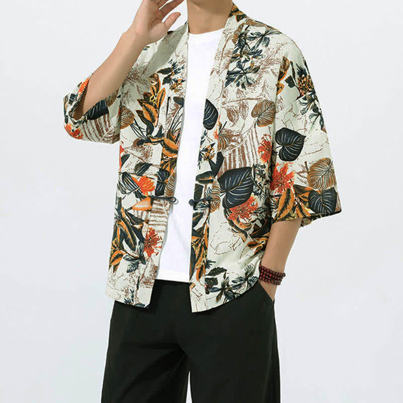 Buddha Stones Kimono da uomo a maniche corte in misto lino con stampa di foglie tropicali estive - Image 3