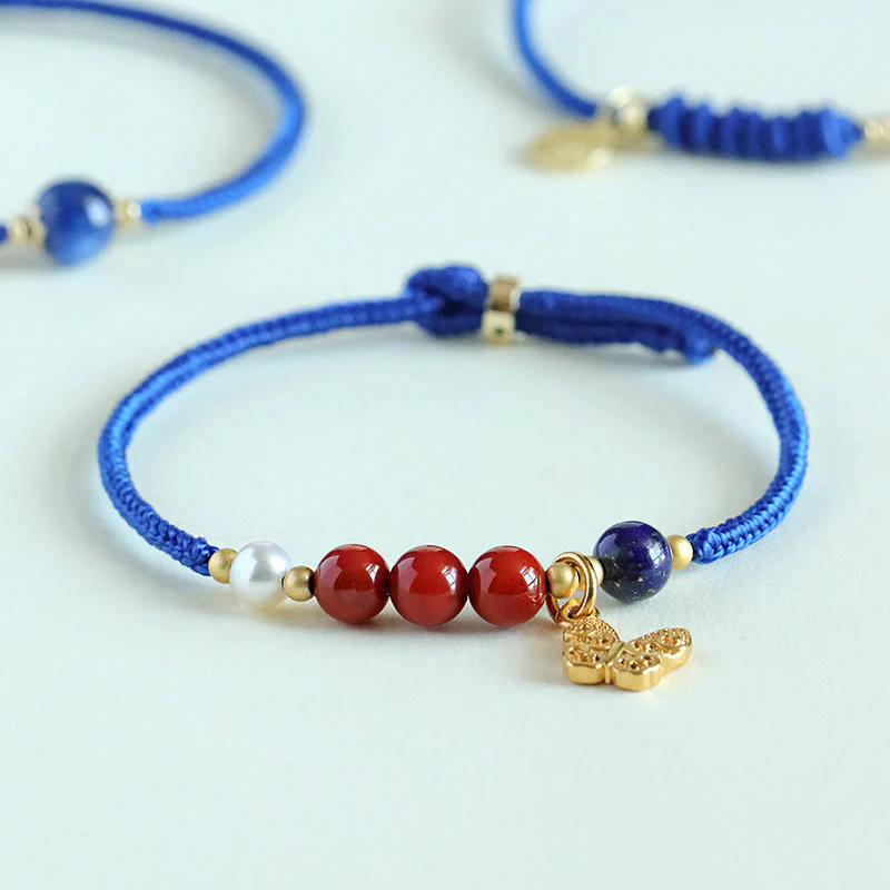 Braccialetto Buddha Stones Klein Blue String, Agata rossa del sud, Granato, Avventurina blu, Lazurite, Lapislazzuli, Farfalla in rame, Carattere positivo Fu - Image 3