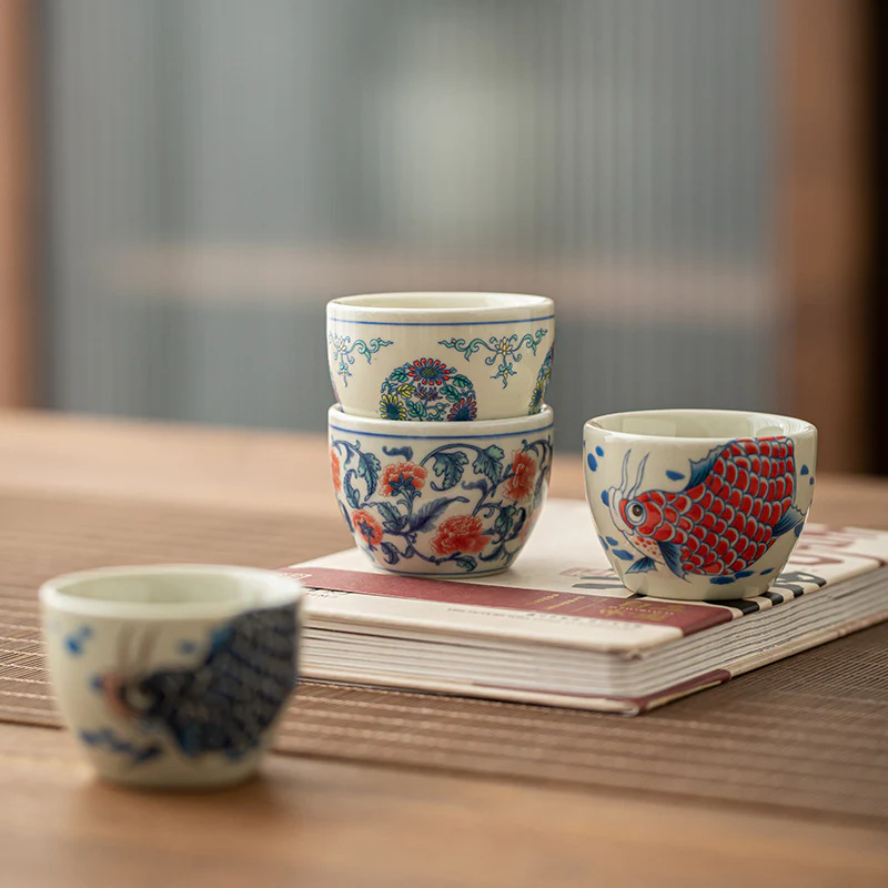 Buddha Stones Koi Fish Arowana Peonia Girasole Tazza da tè in ceramica Tazza da tè Kung Fu 60ml - Image 2