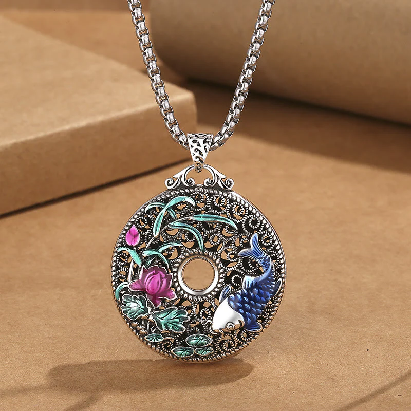 Buddha Stones Koi Pesce Loto Pace Fibbia Fu Carattere Ricchezza Fortuna Collana Pendente