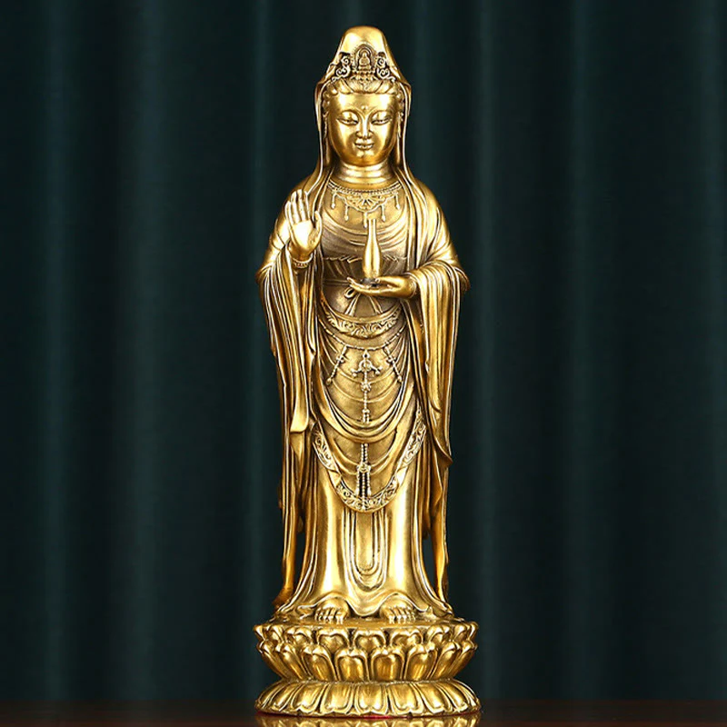 Buddha Stones Kwan Yin Avalokitesvara che tiene la ruota del Dharma Ricchezza Statua in ottone e rame Decorazione