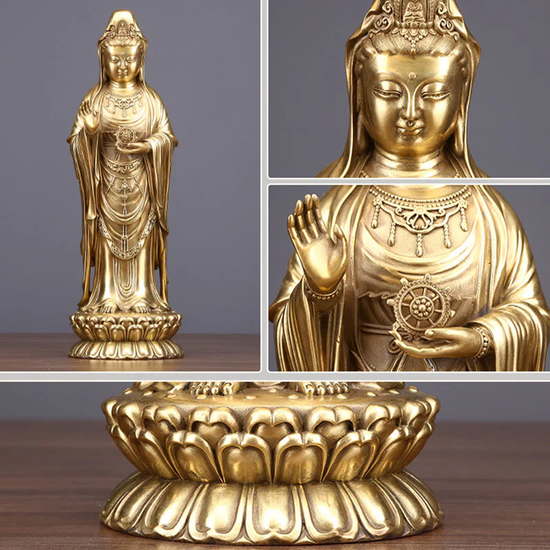 Buddha Stones Kwan Yin Avalokitesvara che tiene la ruota del Dharma Ricchezza Statua in ottone e rame Decorazione - Image 10