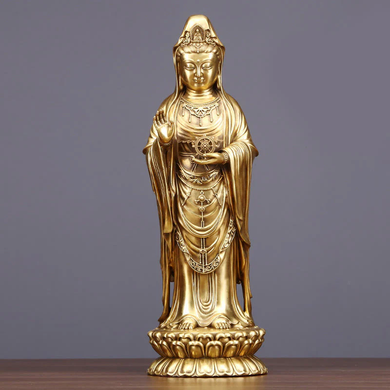 Buddha Stones Kwan Yin Avalokitesvara che tiene la ruota del Dharma Ricchezza Statua in ottone e rame Decorazione - Image 11