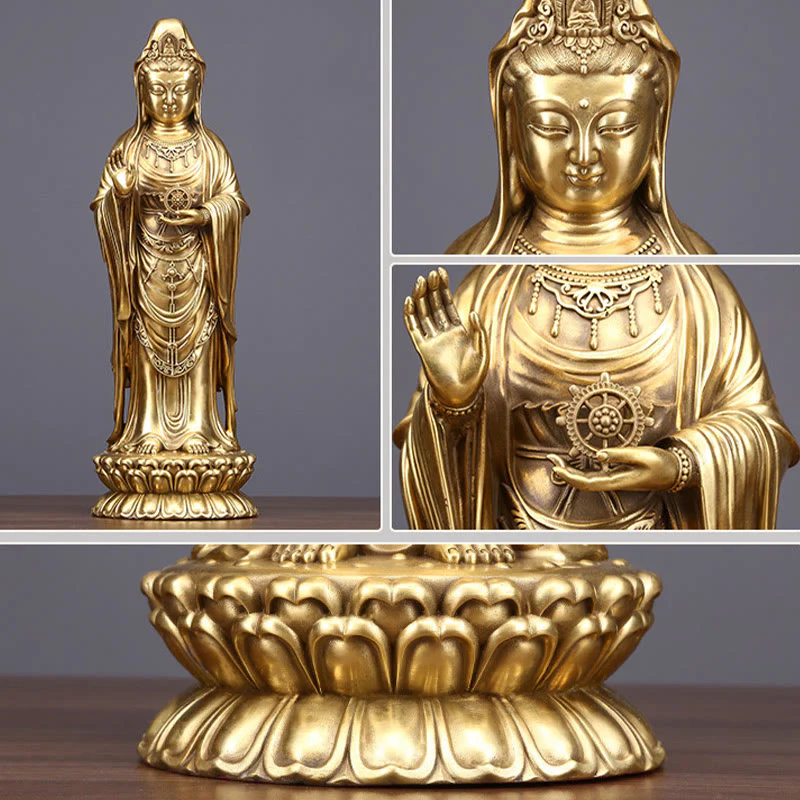 Buddha Stones Kwan Yin Avalokitesvara che tiene la ruota del Dharma Ricchezza Statua in ottone e rame Decorazione - Image 12