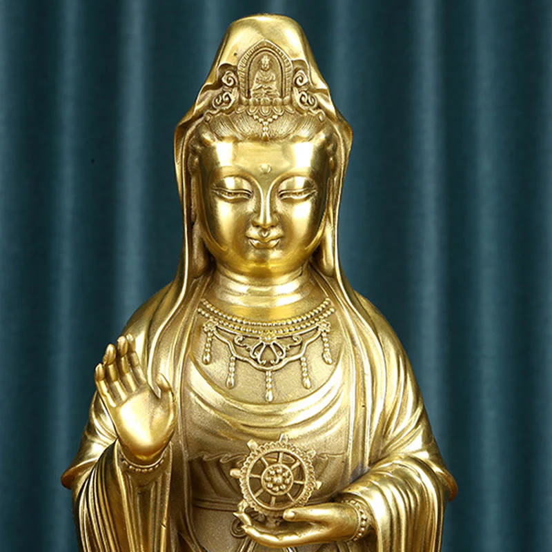 Buddha Stones Kwan Yin Avalokitesvara che tiene la ruota del Dharma Ricchezza Statua in ottone e rame Decorazione - Image 13