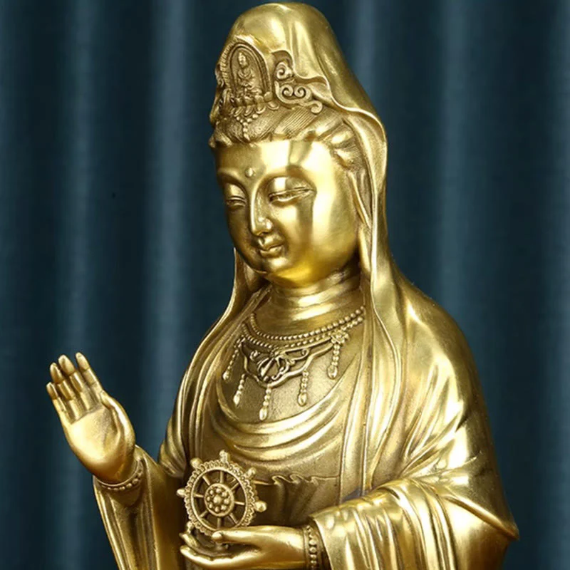 Buddha Stones Kwan Yin Avalokitesvara che tiene la ruota del Dharma Ricchezza Statua in ottone e rame Decorazione - Image 14