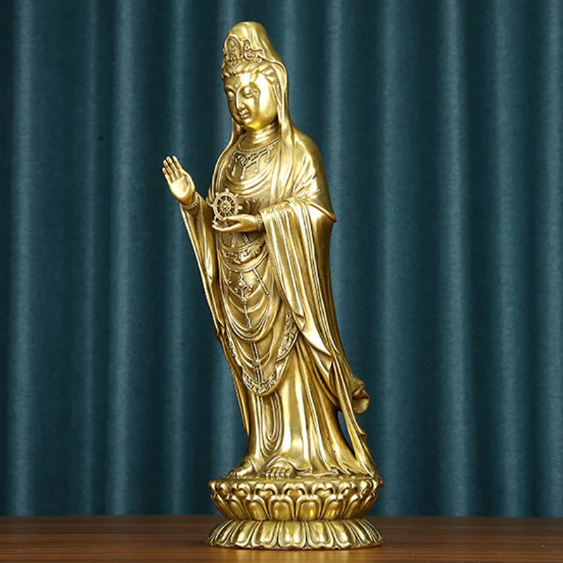 Buddha Stones Kwan Yin Avalokitesvara che tiene la ruota del Dharma Ricchezza Statua in ottone e rame Decorazione - Image 17
