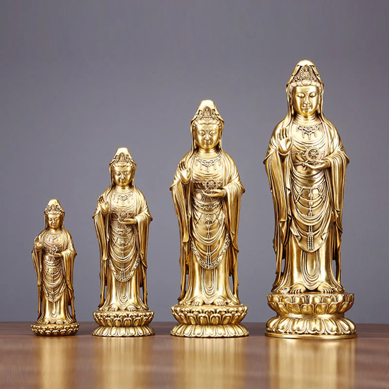 Buddha Stones Kwan Yin Avalokitesvara che tiene la ruota del Dharma Ricchezza Statua in ottone e rame Decorazione - Image 2