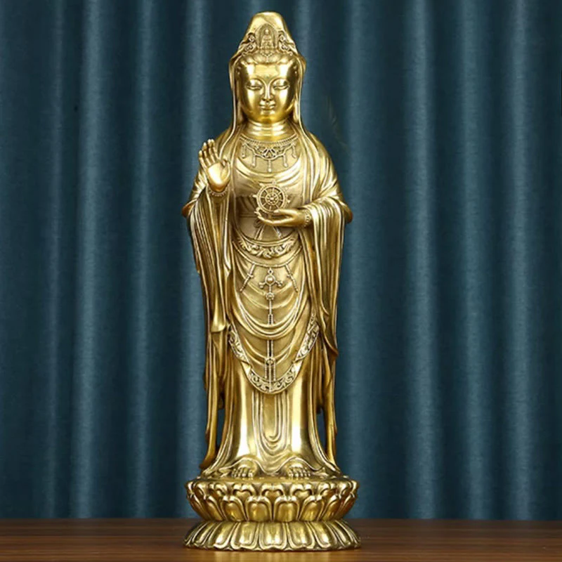 Buddha Stones Kwan Yin Avalokitesvara che tiene la ruota del Dharma Ricchezza Statua in ottone e rame Decorazione - Image 20