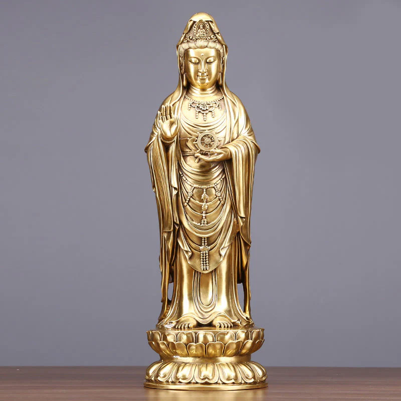 Buddha Stones Kwan Yin Avalokitesvara che tiene la ruota del Dharma Ricchezza Statua in ottone e rame Decorazione - Image 22