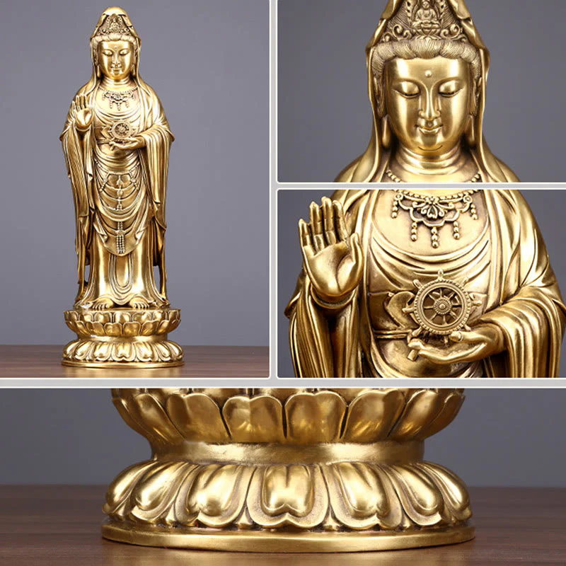 Buddha Stones Kwan Yin Avalokitesvara che tiene la ruota del Dharma Ricchezza Statua in ottone e rame Decorazione - Image 23