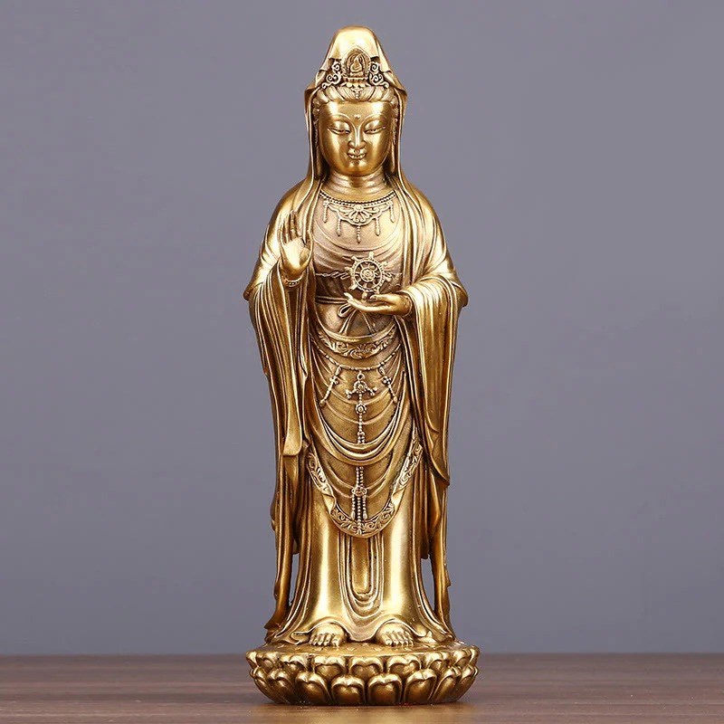 Buddha Stones Kwan Yin Avalokitesvara che tiene la ruota del Dharma Ricchezza Statua in ottone e rame Decorazione - Image 3