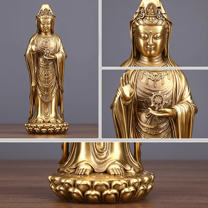 Buddha Stones Kwan Yin Avalokitesvara che tiene la ruota del Dharma Ricchezza Statua in ottone e rame Decorazione - Image 4