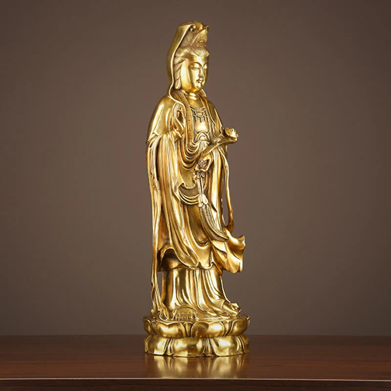 Buddha Stones Kwan Yin Avalokitesvara che tiene la ruota del Dharma Ricchezza Statua in ottone e rame Decorazione - Image 5