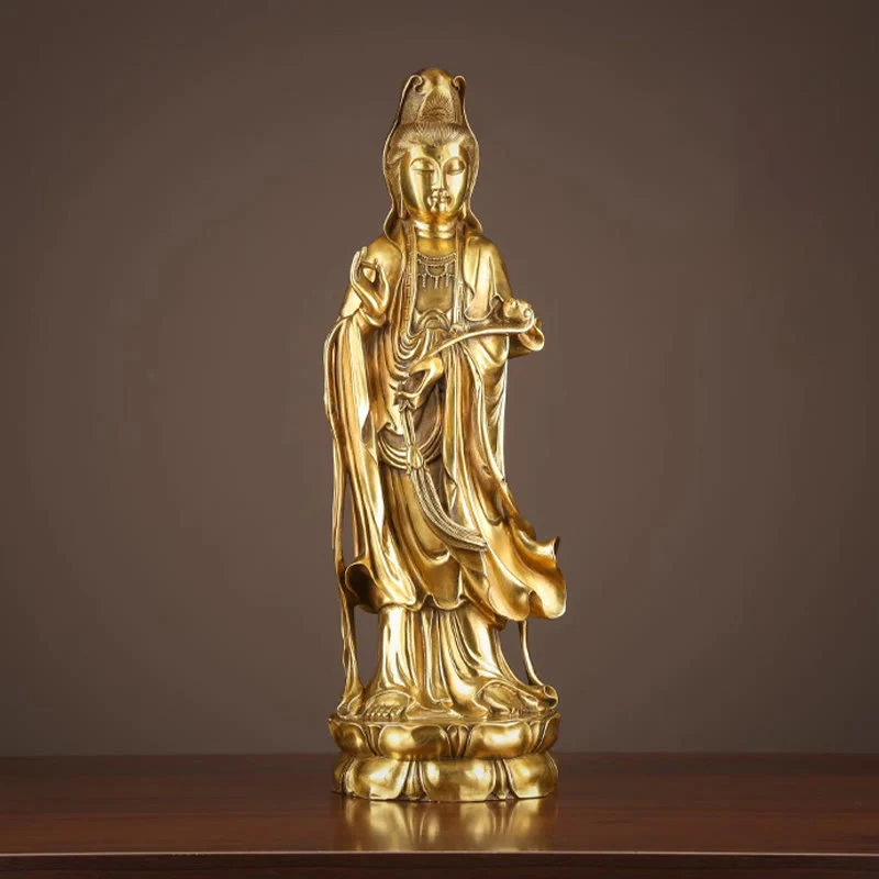 Buddha Stones Kwan Yin Avalokitesvara che tiene la ruota del Dharma Ricchezza Statua in ottone e rame Decorazione - Image 7