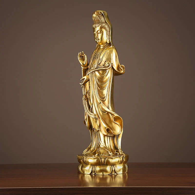 Buddha Stones Kwan Yin Avalokitesvara che tiene la ruota del Dharma Ricchezza Statua in ottone e rame Decorazione - Image 8