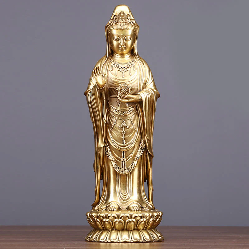 Buddha Stones Kwan Yin Avalokitesvara che tiene la ruota del Dharma Ricchezza Statua in ottone e rame Decorazione - Image 9