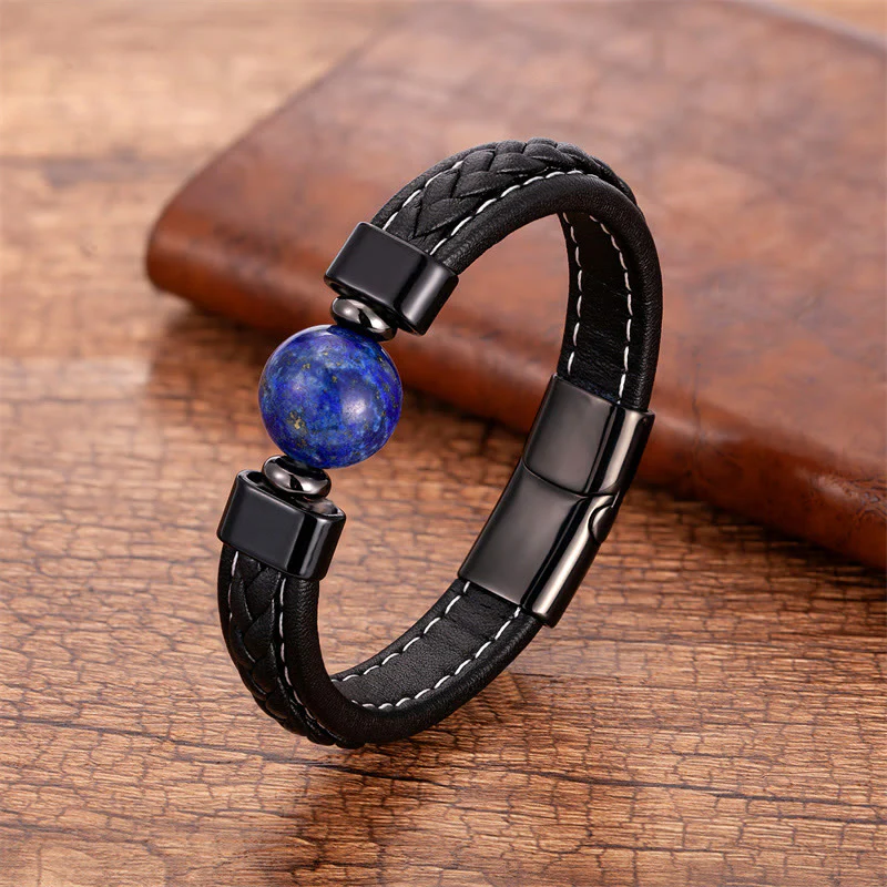Bracciale in pelle Serenity Buddha Stones, lazurite, lapislazzuli, onice nero, occhio di tigre, pietra lavica, Om Mani Padme Hum