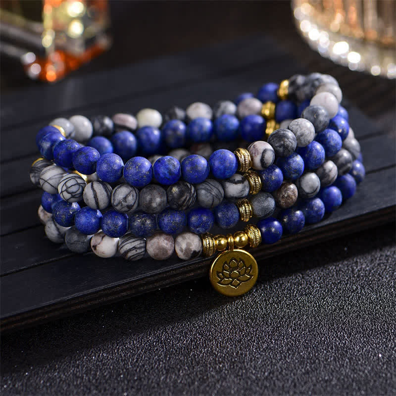Braccialetto di perline di preghiera con Buddha Stones, lazurite, lapislazzuli, diaspro Picasso, amazzonite, rodonite, apatite e loto positivo