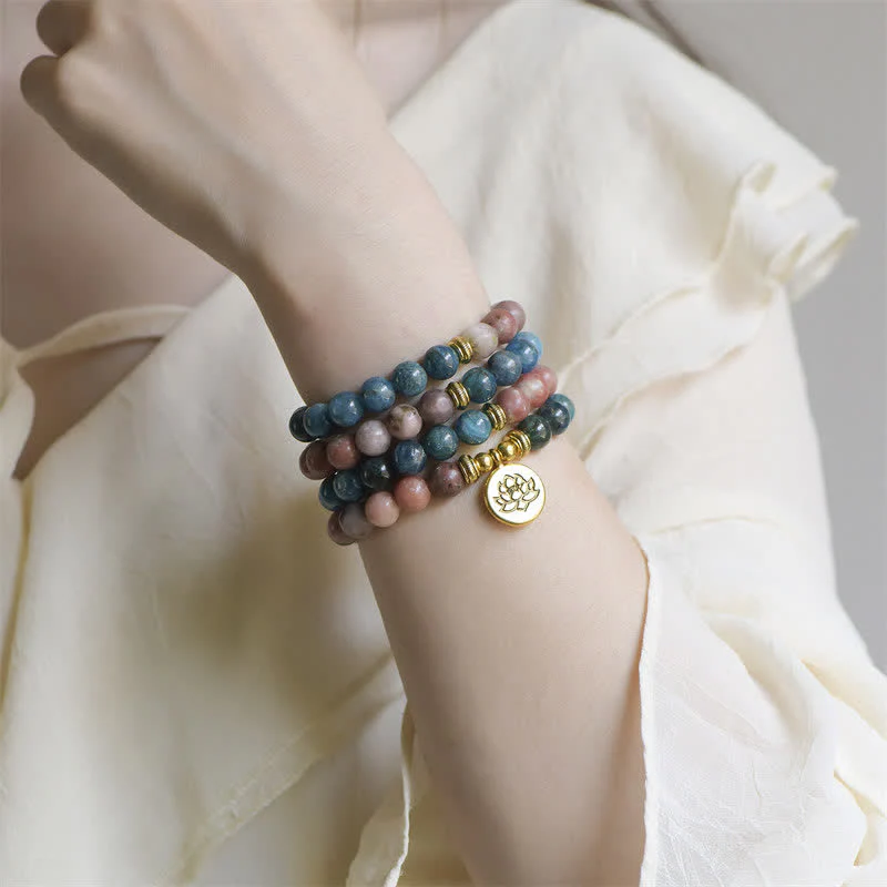 Braccialetto di perline di preghiera con Buddha Stones, lazurite, lapislazzuli, diaspro Picasso, amazzonite, rodonite, apatite e loto positivo - Image 16