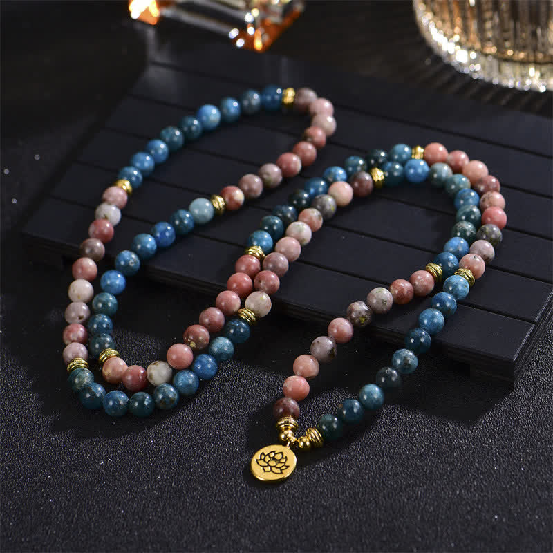 Braccialetto di perline di preghiera con Buddha Stones, lazurite, lapislazzuli, diaspro Picasso, amazzonite, rodonite, apatite e loto positivo - Image 17