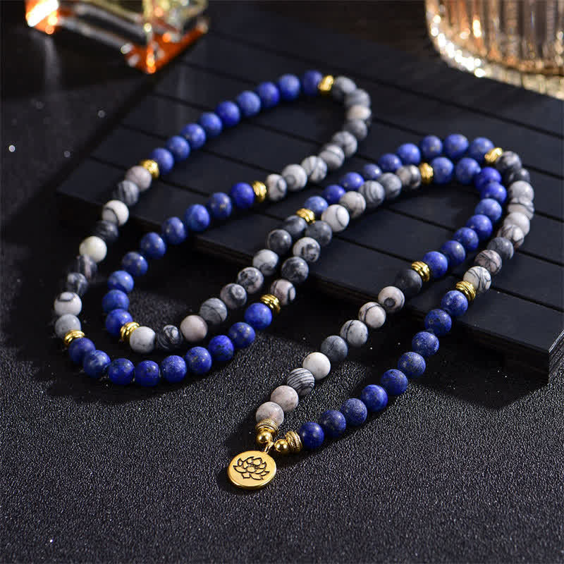 Braccialetto di perline di preghiera con Buddha Stones, lazurite, lapislazzuli, diaspro Picasso, amazzonite, rodonite, apatite e loto positivo - Image 3