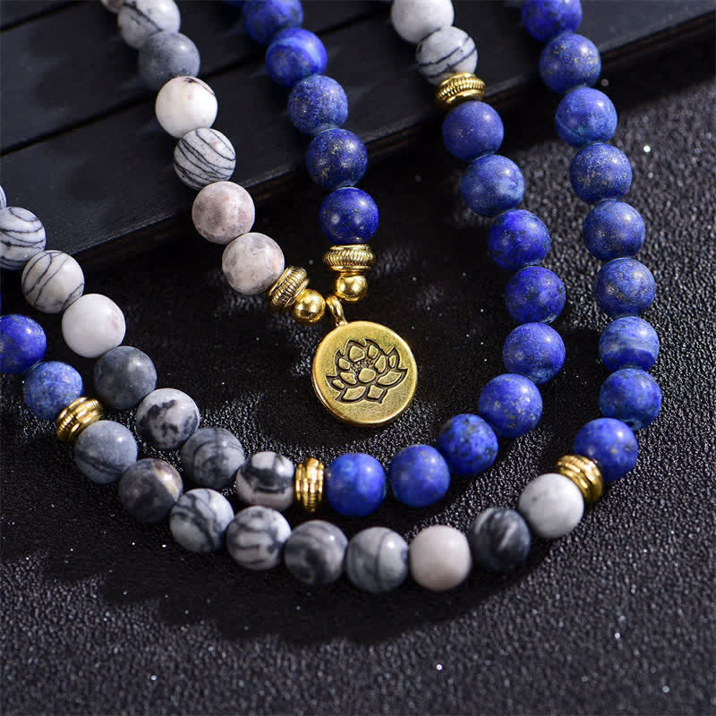 Braccialetto di perline di preghiera con Buddha Stones, lazurite, lapislazzuli, diaspro Picasso, amazzonite, rodonite, apatite e loto positivo - Image 4
