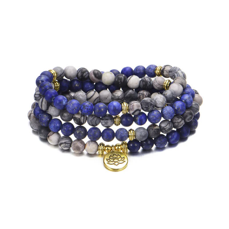 Braccialetto di perline di preghiera con Buddha Stones, lazurite, lapislazzuli, diaspro Picasso, amazzonite, rodonite, apatite e loto positivo - Image 5
