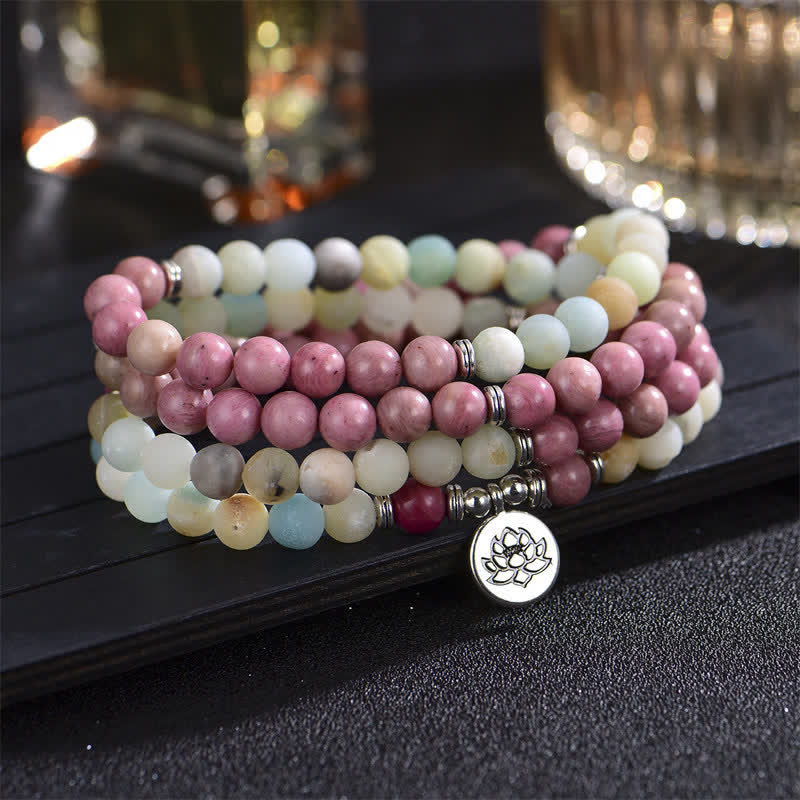 Braccialetto di perline di preghiera con Buddha Stones, lazurite, lapislazzuli, diaspro Picasso, amazzonite, rodonite, apatite e loto positivo - Image 8