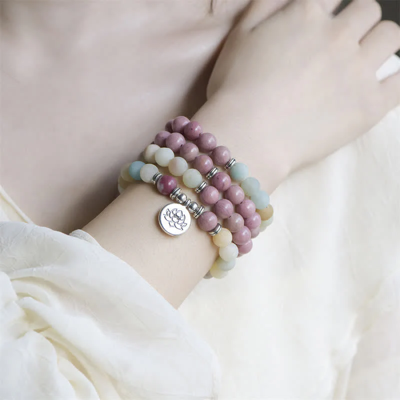 Braccialetto di perline di preghiera con Buddha Stones, lazurite, lapislazzuli, diaspro Picasso, amazzonite, rodonite, apatite e loto positivo - Image 9