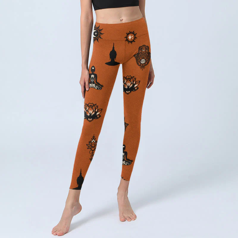 Buddha Stones Leggings da palestra con motivo a mano di Hamsa e sole e loto, pantaloni da yoga da donna - Image 6