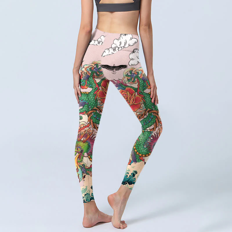 Buddha Stones Leggings da palestra con motivo Dragon Rose Eagle Waves, nuvole di buon auspicio, pantaloni da yoga da donna - Image 5