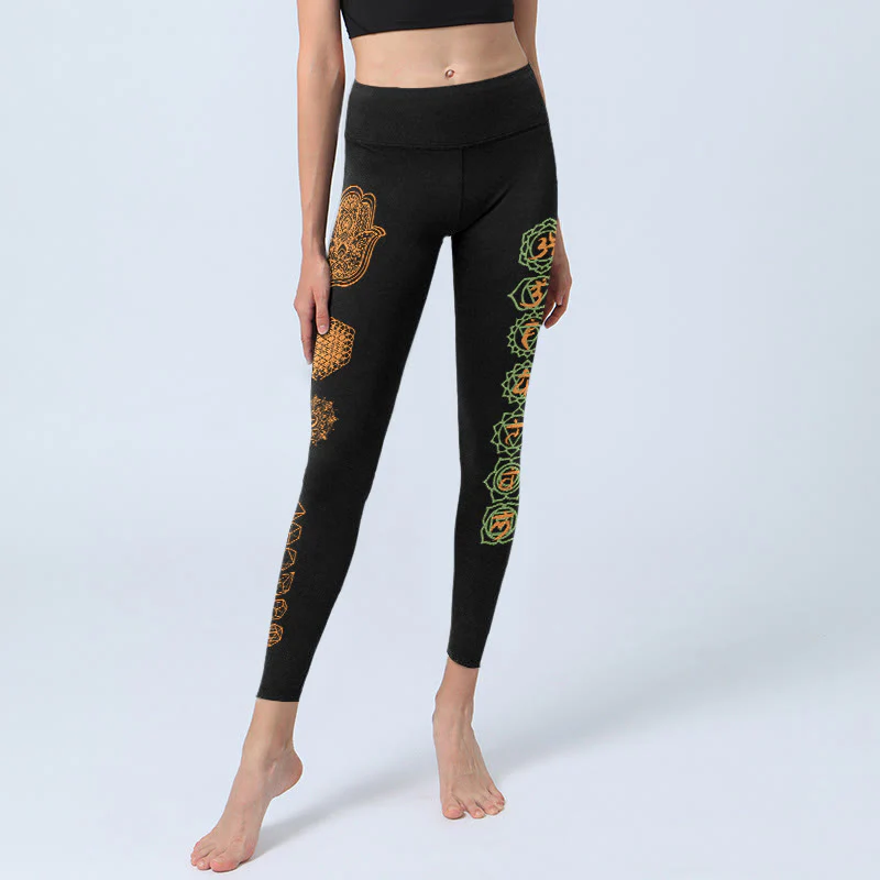 Buddha Stones Leggings da palestra con motivo Hamsa, fiore della vita, solidi platonici e chakra, pantaloni da yoga da donna - Image 6