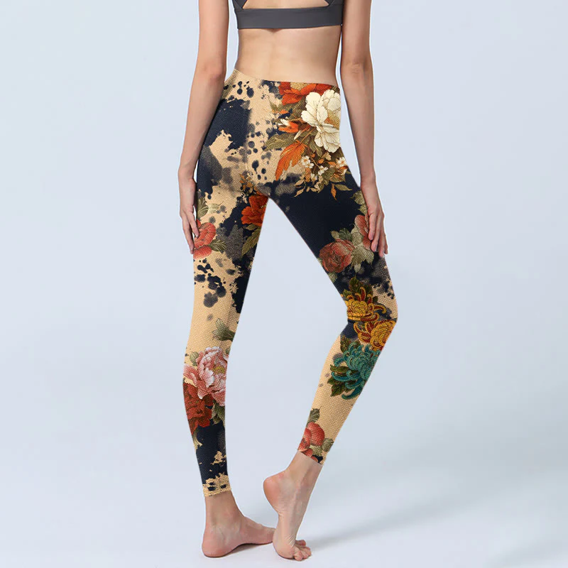 Buddha Stones Leggings da palestra con stampa a motivo di peonie e crisantemi, stile dipinto a inchiostro, pantaloni da yoga da donna - Image 5