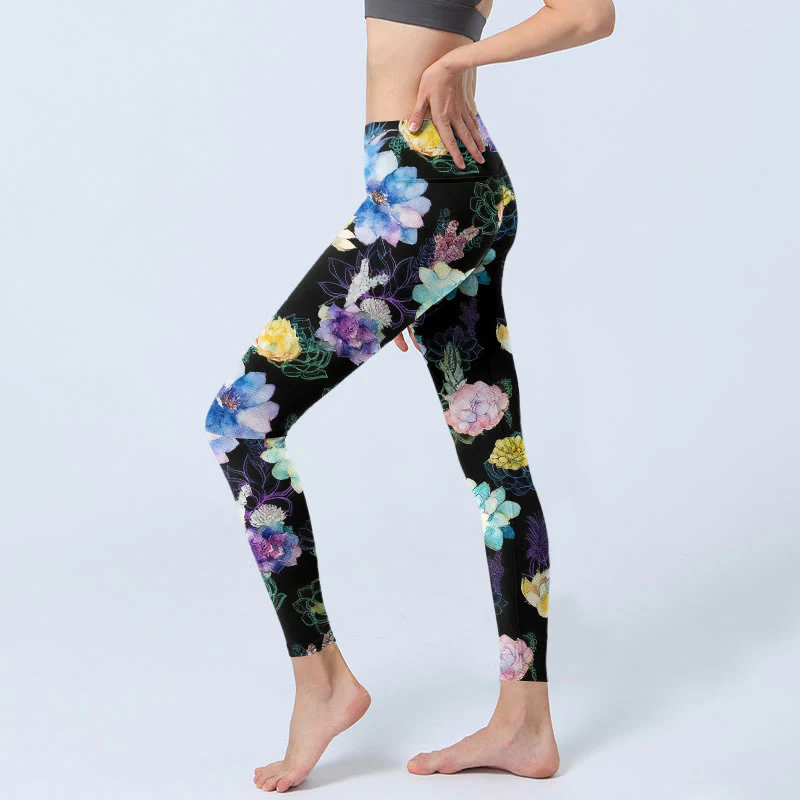 Buddha Stones Leggings da palestra con stampa di fiori in stile acquerello colorato, pantaloni da yoga da donna - Image 3
