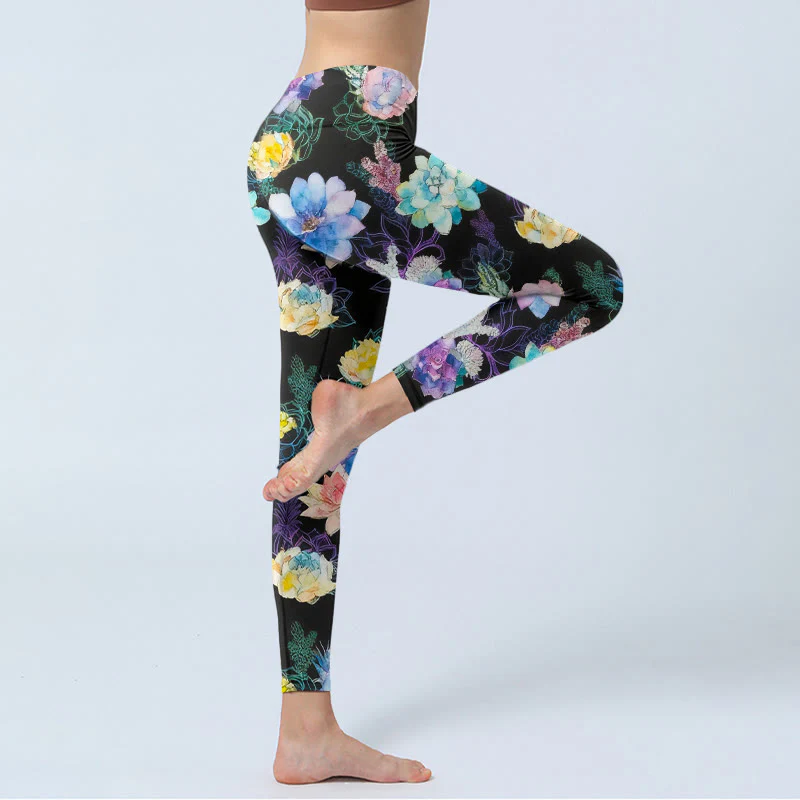 Buddha Stones Leggings da palestra con stampa di fiori in stile acquerello colorato, pantaloni da yoga da donna - Image 4