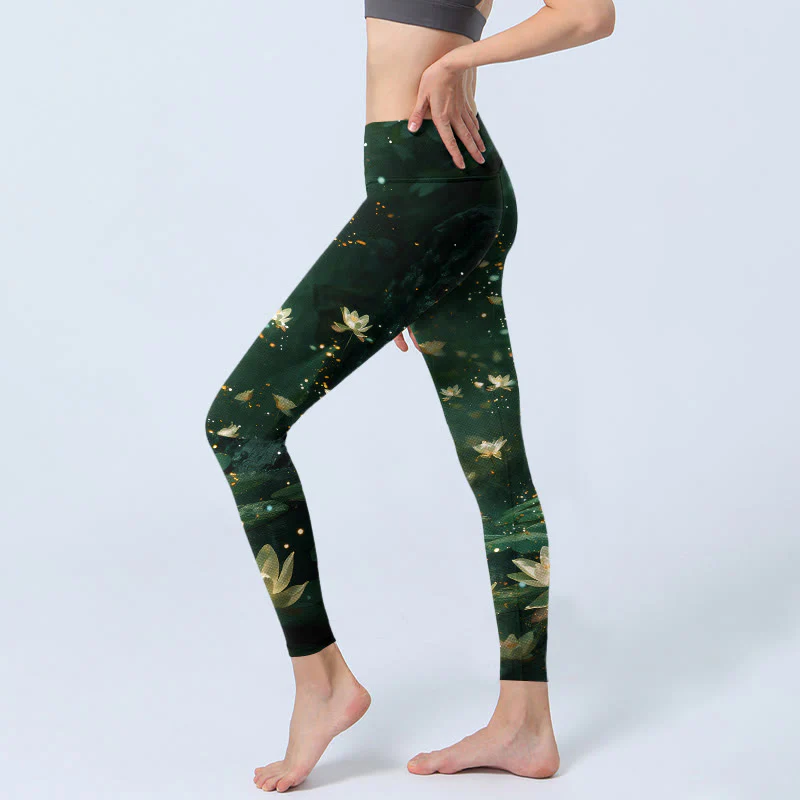 Buddha Stones Leggings da palestra con stampa di foglie di fiori di loto da sogno, pantaloni da yoga da donna - Image 3