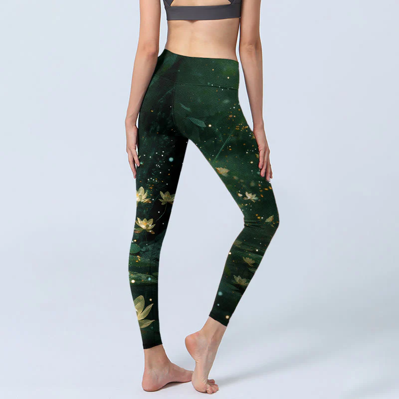 Buddha Stones Leggings da palestra con stampa di foglie di fiori di loto da sogno, pantaloni da yoga da donna - Image 5