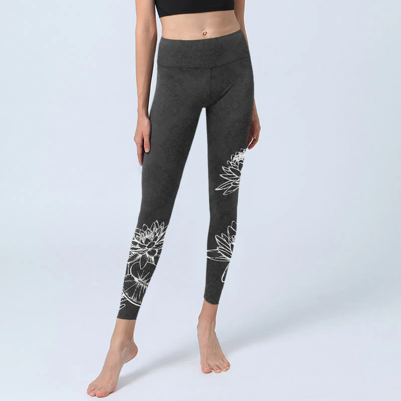Buddha Stones Leggings da palestra con stampa di foglie e fiori di loto bianchi, pantaloni da yoga da donna - Image 6