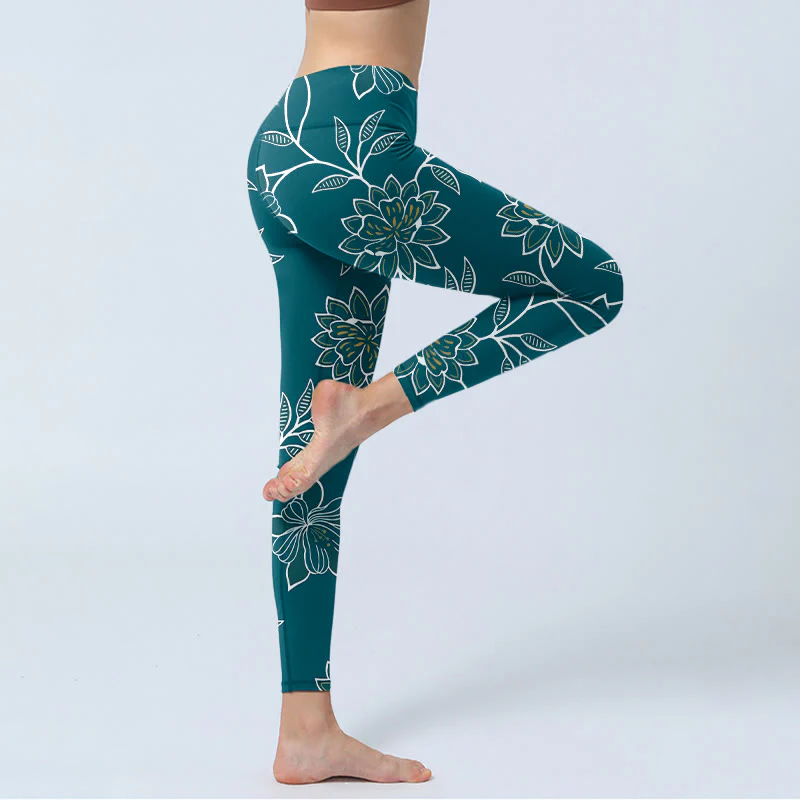 Buddha Stones Leggings da palestra con stampa di foglie e fiori retrò ed eleganti, pantaloni da yoga da donna - Image 4
