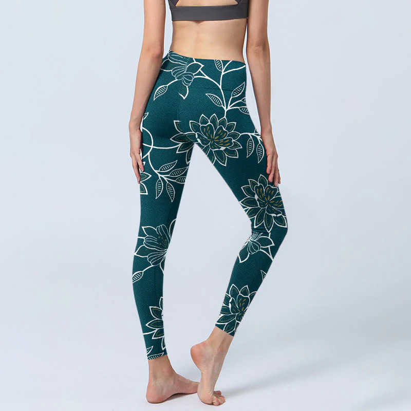 Buddha Stones Leggings da palestra con stampa di foglie e fiori retrò ed eleganti, pantaloni da yoga da donna - Image 5