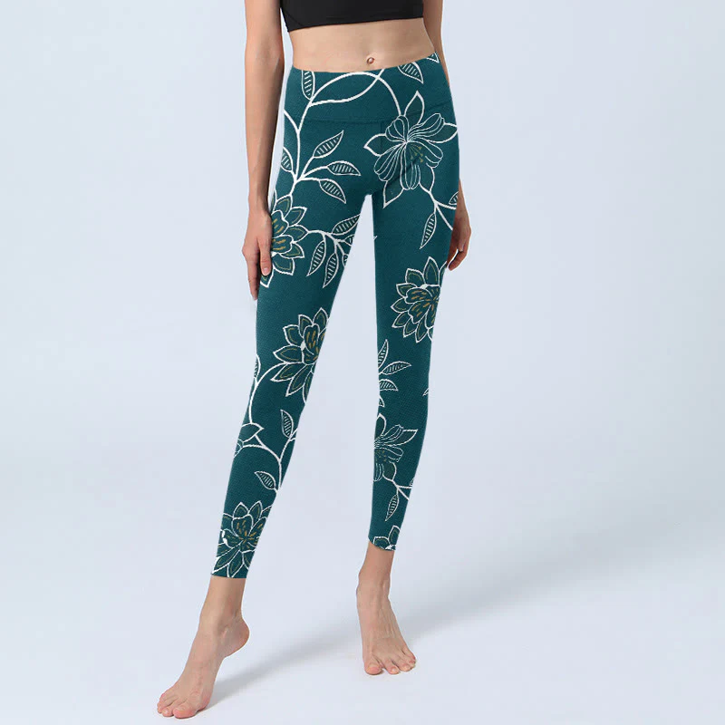 Buddha Stones Leggings da palestra con stampa di foglie e fiori retrò ed eleganti, pantaloni da yoga da donna - Image 6