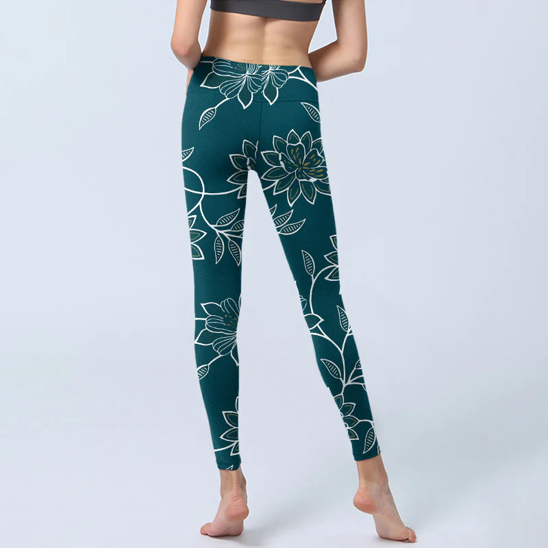 Buddha Stones Leggings da palestra con stampa di foglie e fiori retrò ed eleganti, pantaloni da yoga da donna - Image 7