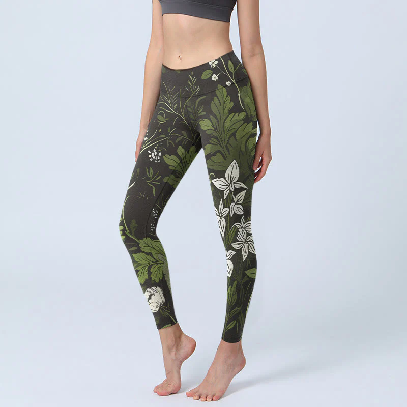 Buddha Stones Leggings da palestra con stampa di foglie e fiori retrò, pantaloni da yoga da donna