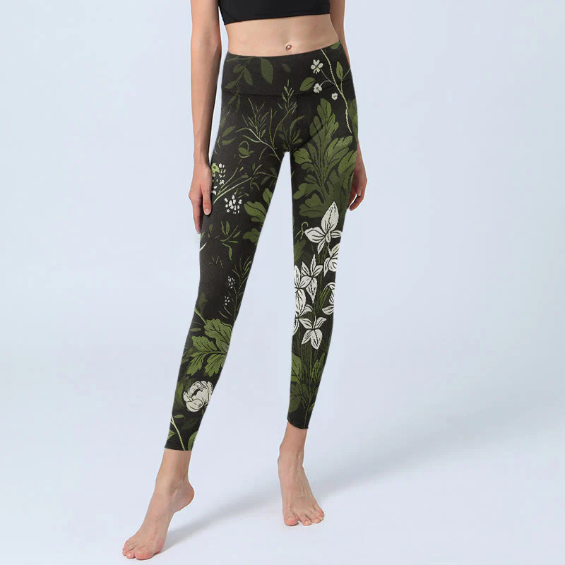 Buddha Stones Leggings da palestra con stampa di foglie e fiori retrò, pantaloni da yoga da donna - Image 6