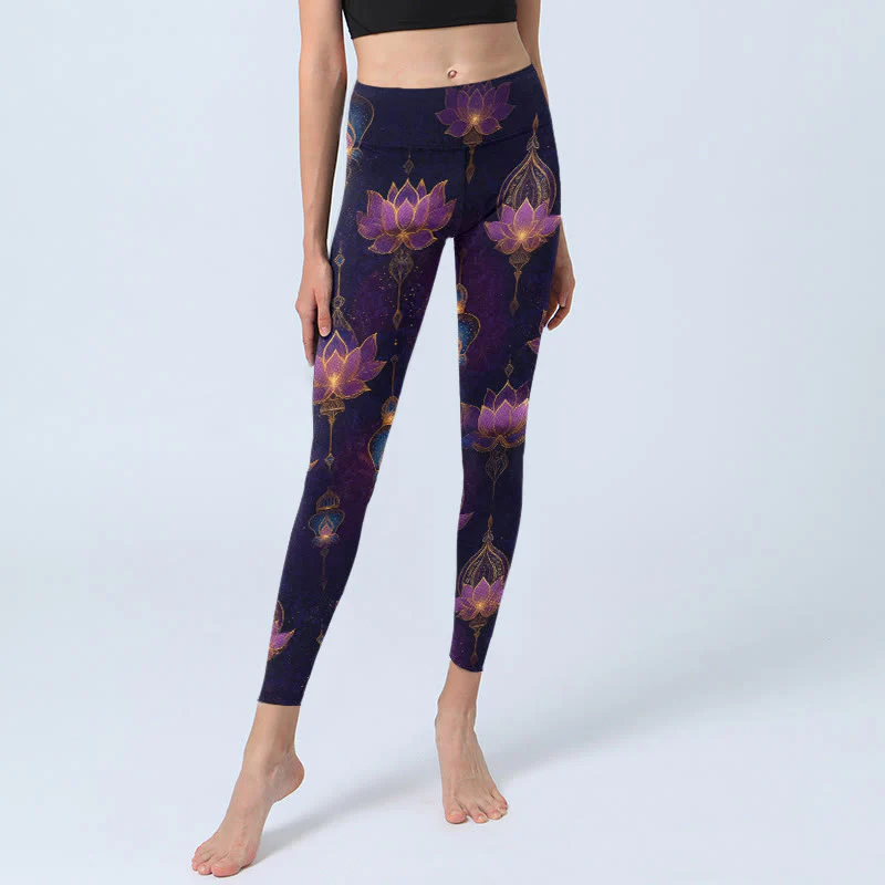 Buddha Stones Leggings da palestra con stampa di lanterne a forma di fiore di loto da sogno, pantaloni da yoga da donna - Image 6