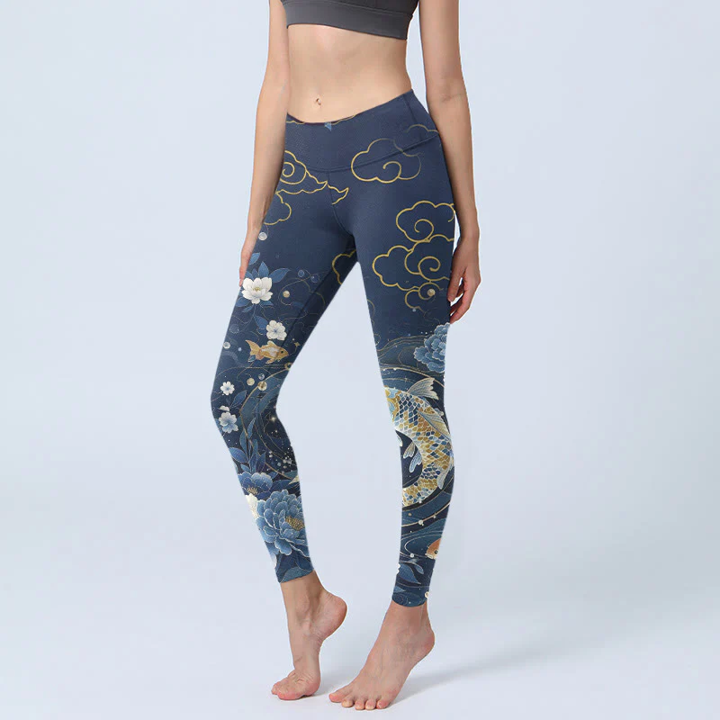 Buddha Stones Leggings da palestra con stampa di pesci koi e fiori di peonia blu e bianchi, pantaloni da yoga da donna