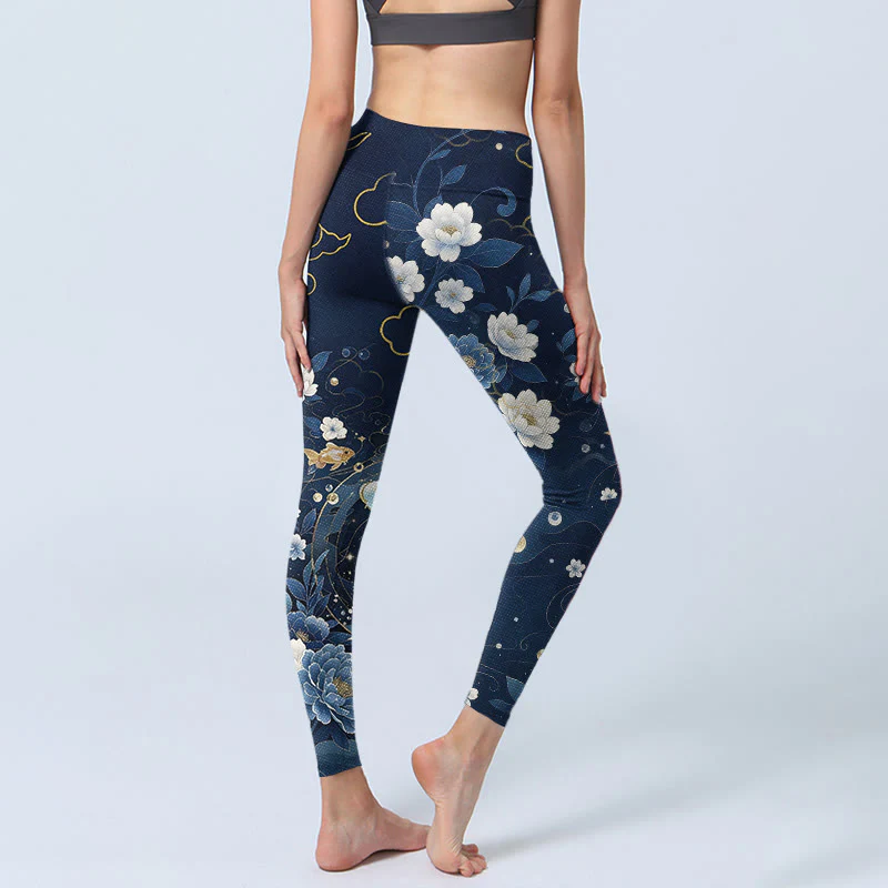 Buddha Stones Leggings da palestra con stampa di pesci koi e fiori di peonia blu e bianchi, pantaloni da yoga da donna - Image 5